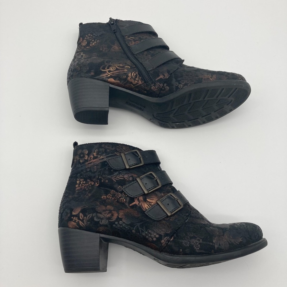 Remonte Black Floral Ankle Boots Bronze Metallic Buckle Side Zip EU 37 US 6.5-7 - Picture 6 of 13